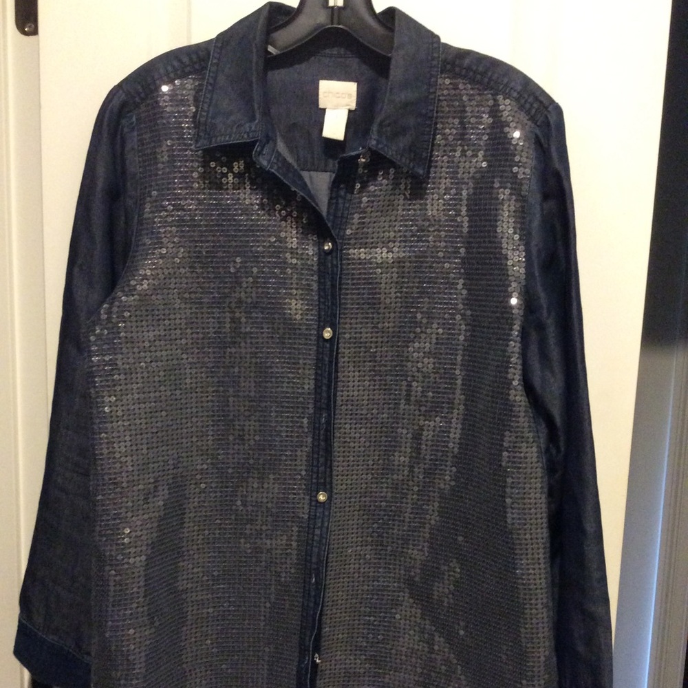 Chico’s  blue denim sequined front button up shirt size M